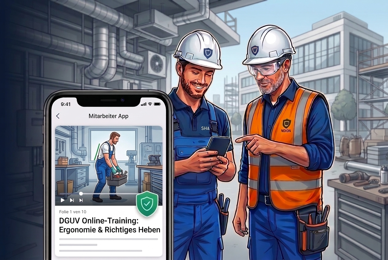 iziflow Mitarbeiter App mit digitaler DGUV-Unterweisung Ergonomie und Monteure vor Ort
